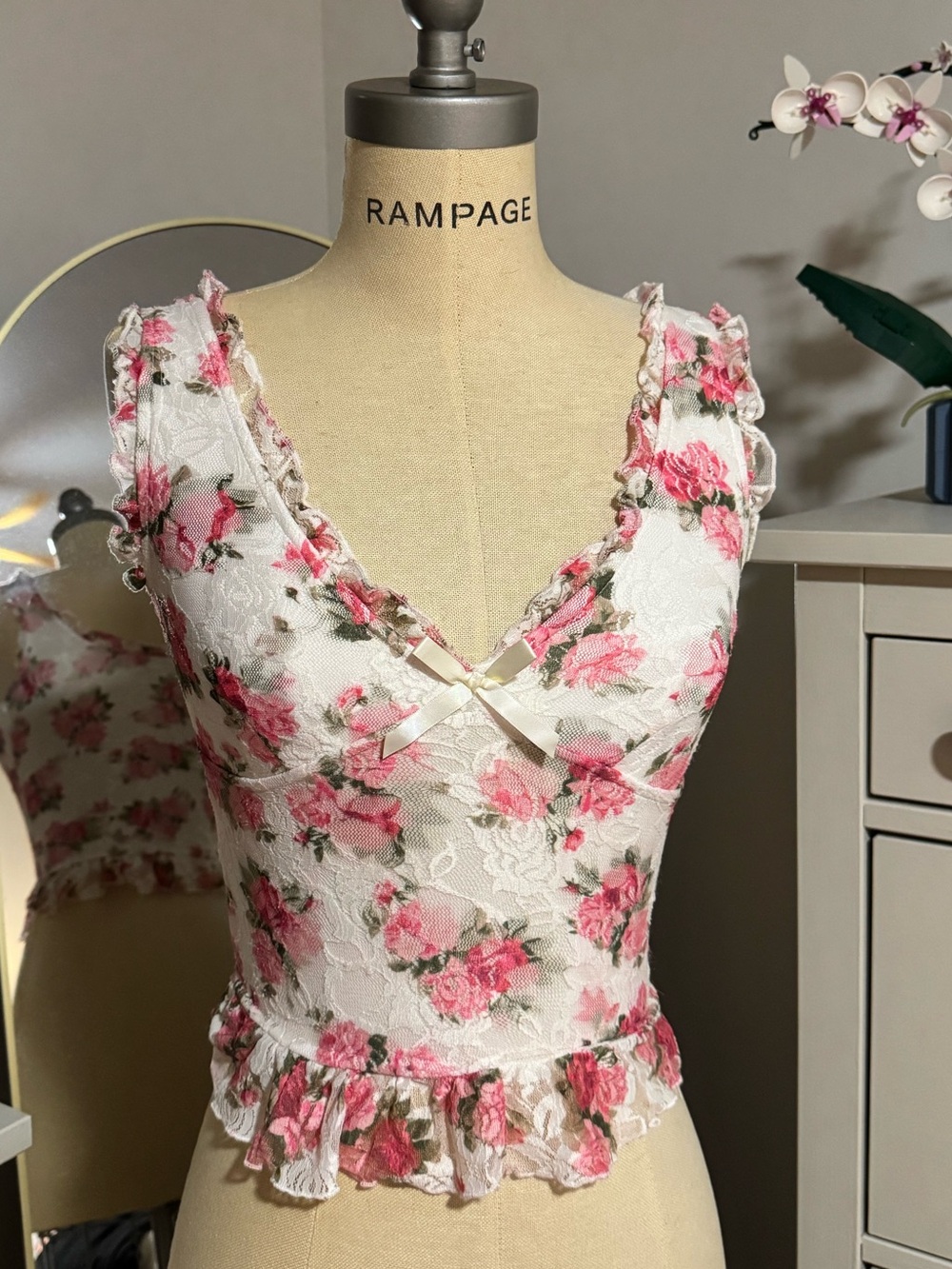 Thirty Thirty LA‎ Lace Floral Tank Top White Pink Size XS